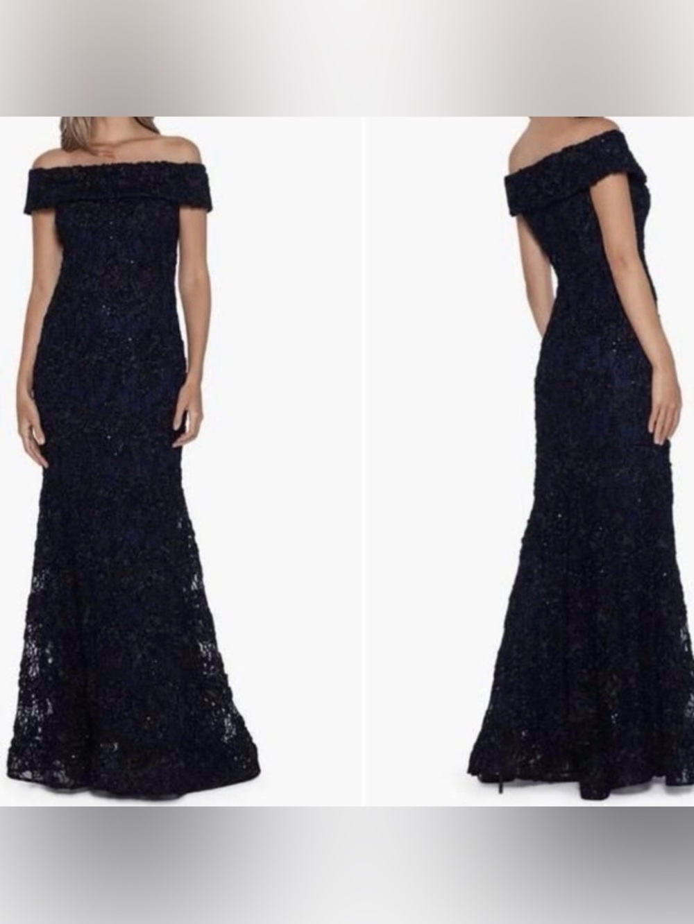 Xscape Navy Off-Shoulder Lace Evening Gown